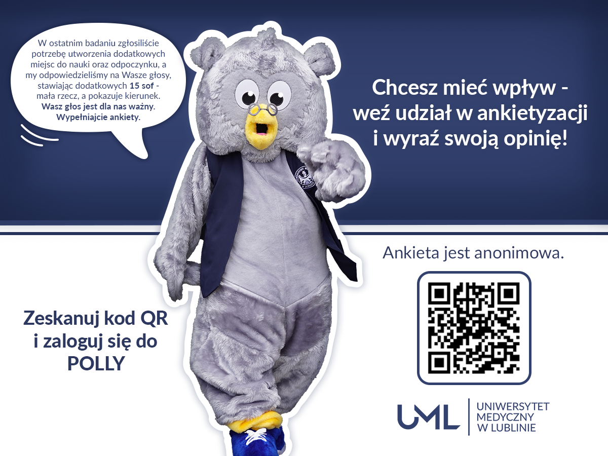 Biało granatowe tło. W centrum grafiki maskotka UML. Sowa, która zachęca do udziału w ankiecie.