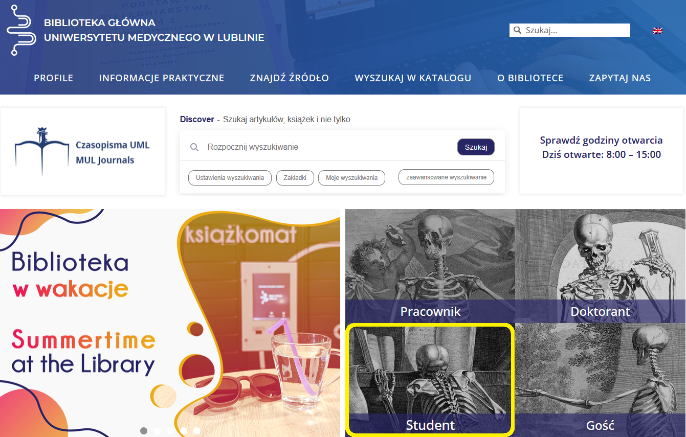 Wizualizacja strony głównej Biblioteki Uniwersytetu Medycznego w Lublinie z zaznaczonym miejscem, w które należy kliknąć, aby przejść do panelu studenta.